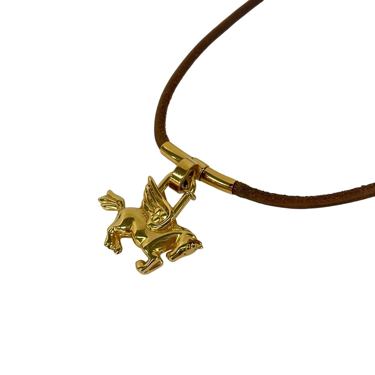 Hermes Choker Kite Leather Brown Gold Pegasus Motif Necklace — view 3