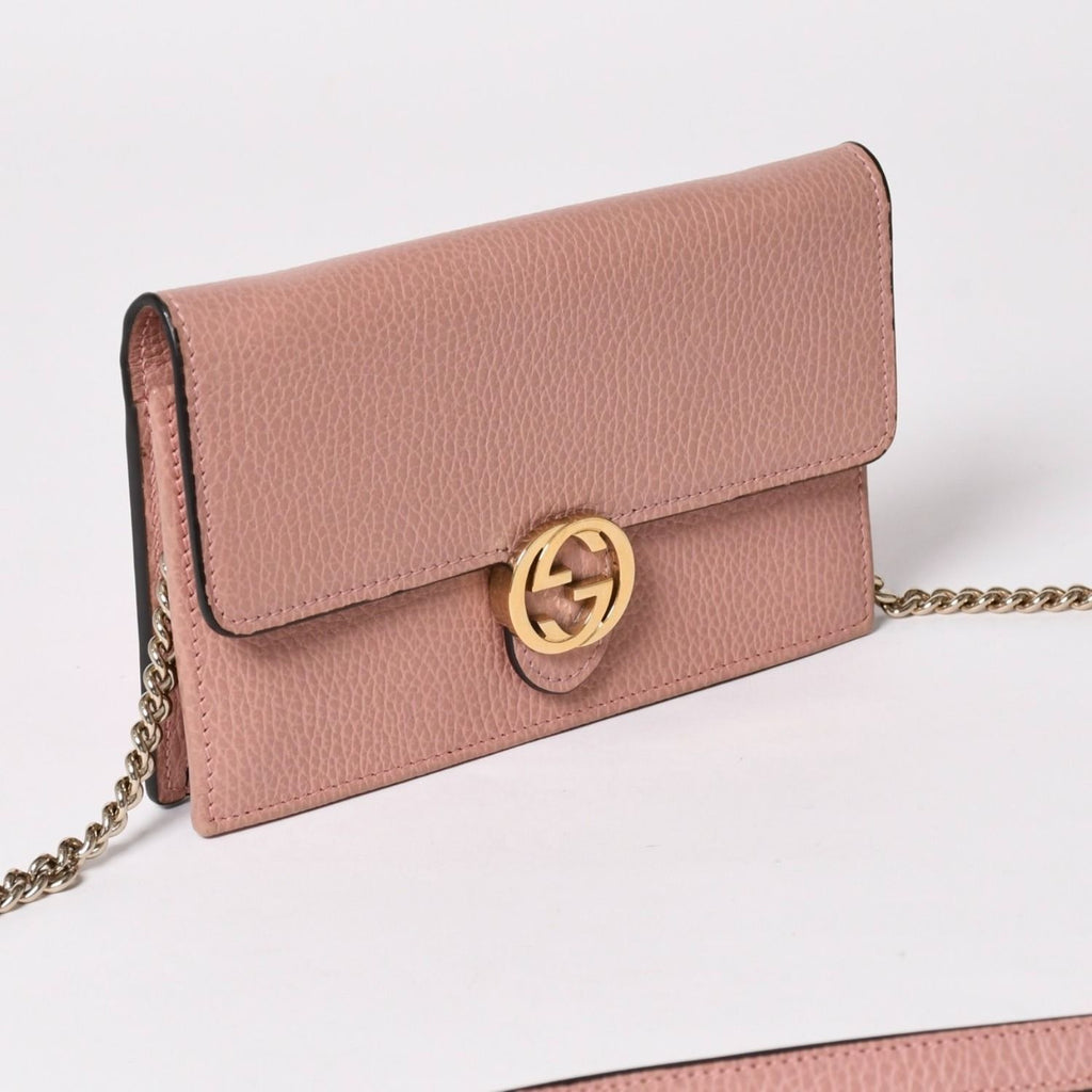 Gucci Interlocking G Chain Wallet Pebbled Leather Shoulder Bag Clutch Pink Gold — view 3