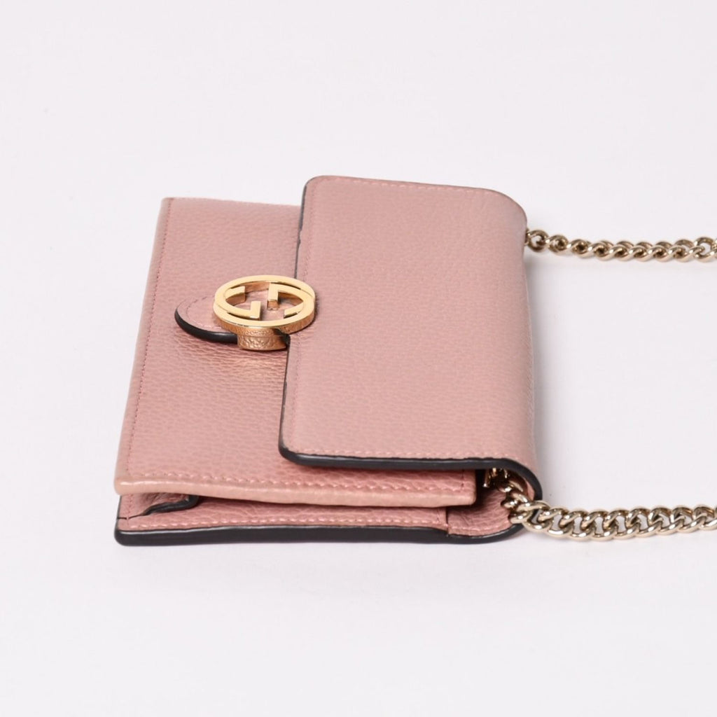 Gucci Interlocking G Chain Wallet Pebbled Leather Shoulder Bag Clutch Pink Gold — view 4