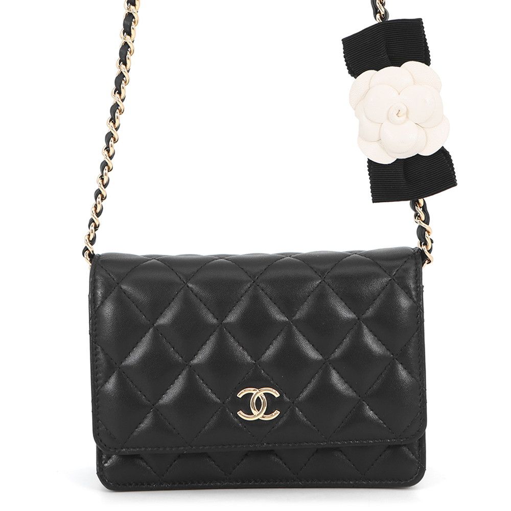 Chanel Chain Wallet Quilted Camellia Ribbon Lambskin Black