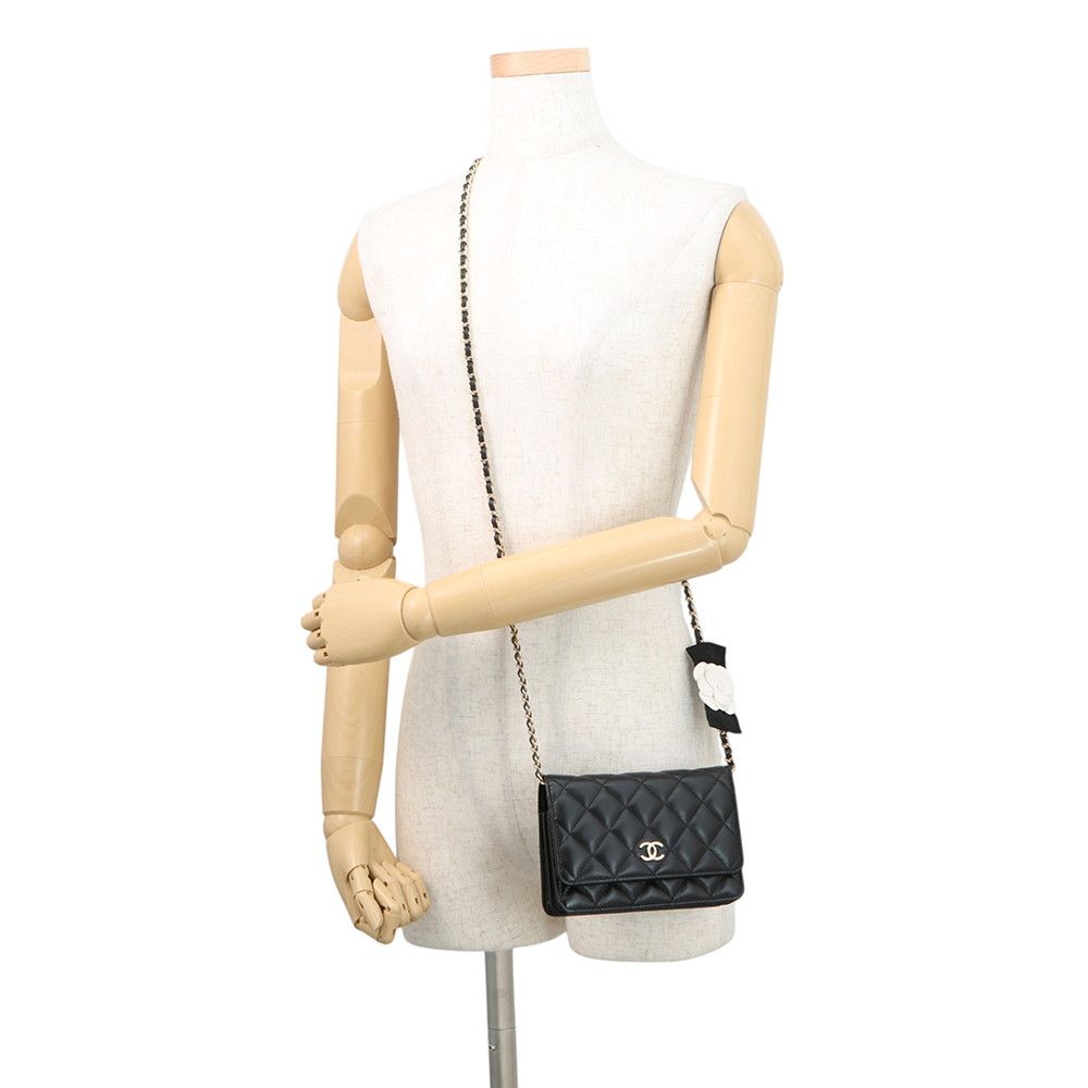 Chanel Chain Wallet Quilted Camellia Ribbon Lambskin Black — view 4