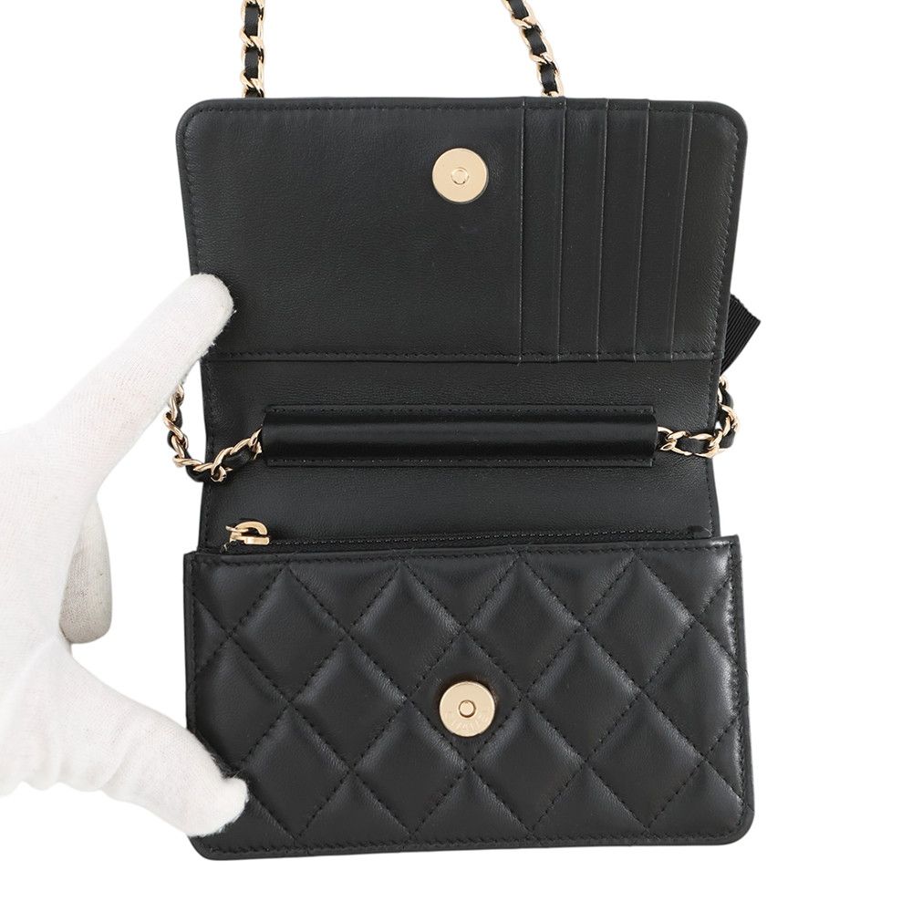 Chanel Chain Wallet Quilted Camellia Ribbon Lambskin Black — view 5