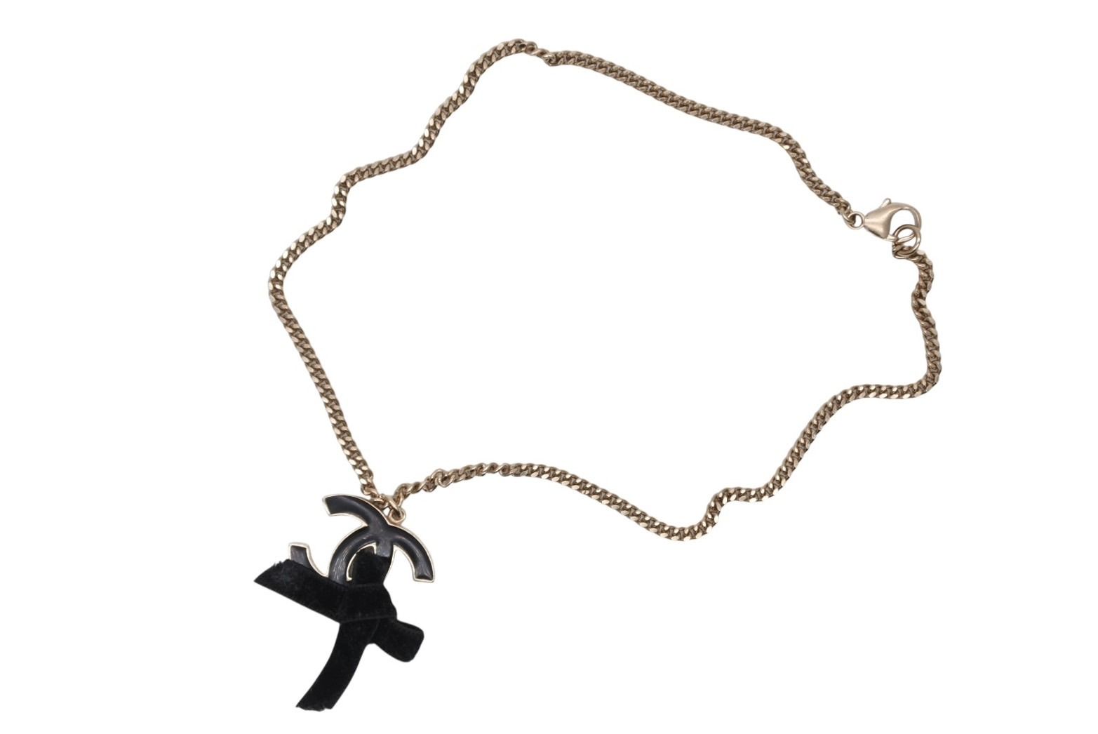 Chanel CC Logo Ribbon Necklace Metal Black Gold