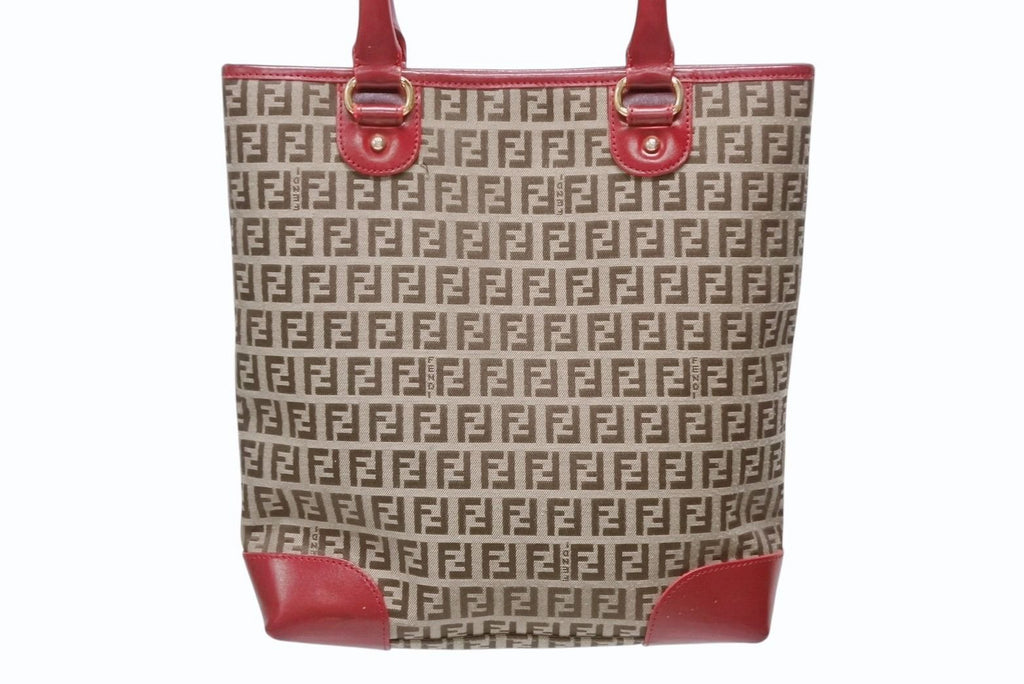 Fendi Zucchino Tote Bag Leather Canvas Beige Red Gold — view 3