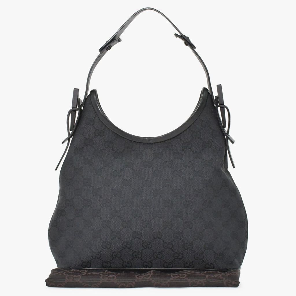 Gucci Hobo Handbag GG Canvas Leather Black Gold