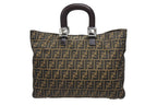 Fendi Tote Bag Zucca Pattern Canvas Leather Brown Silver