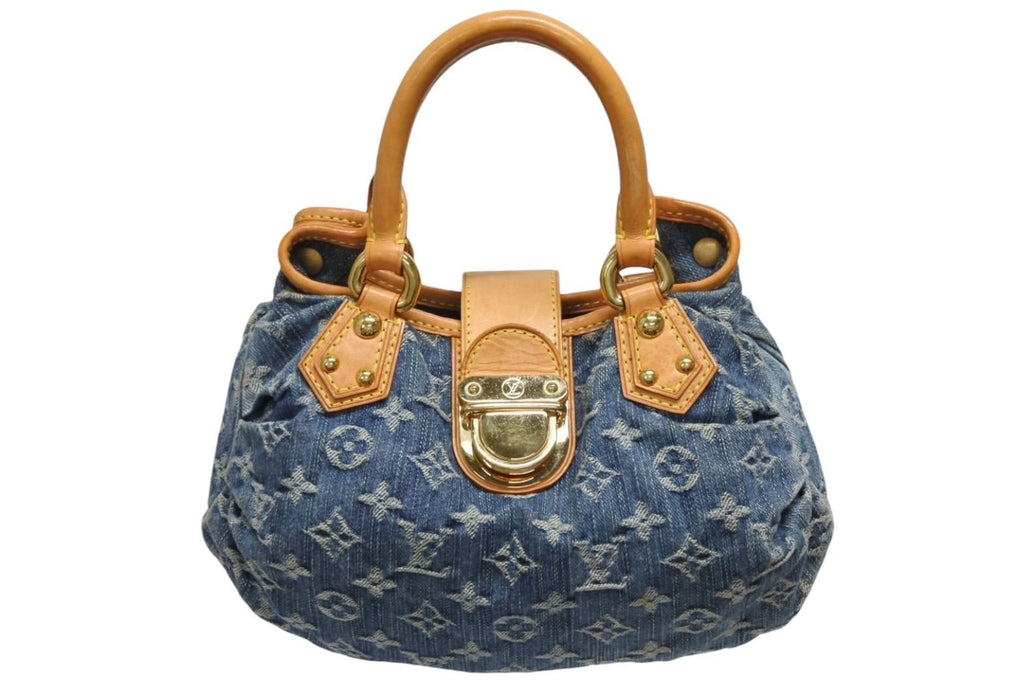 Louis Vuitton Pleaty Handbag Monogram Denim Leather Blue Gold