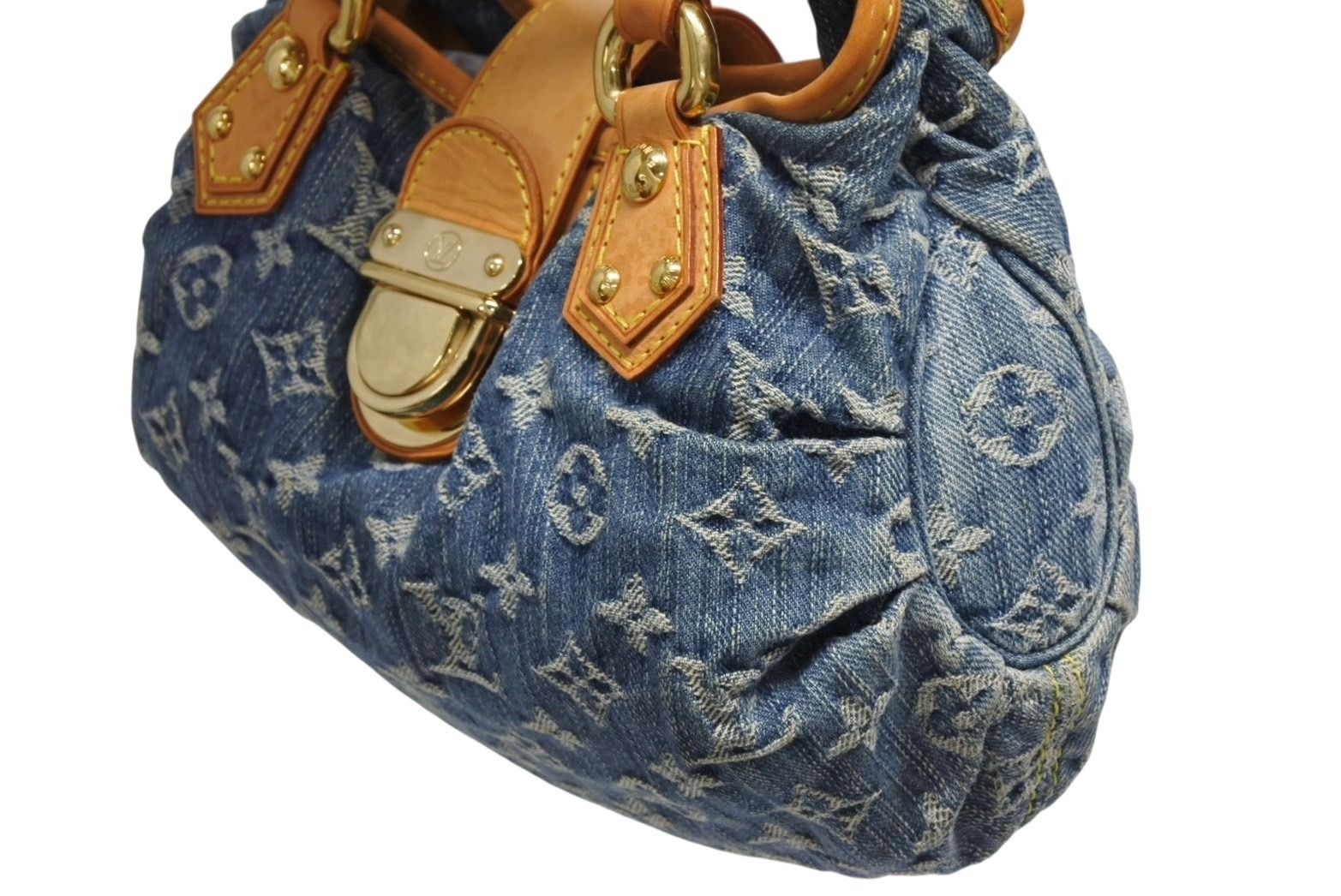 Louis Vuitton Pleaty Handbag Monogram Denim Leather Blue Gold — view 7