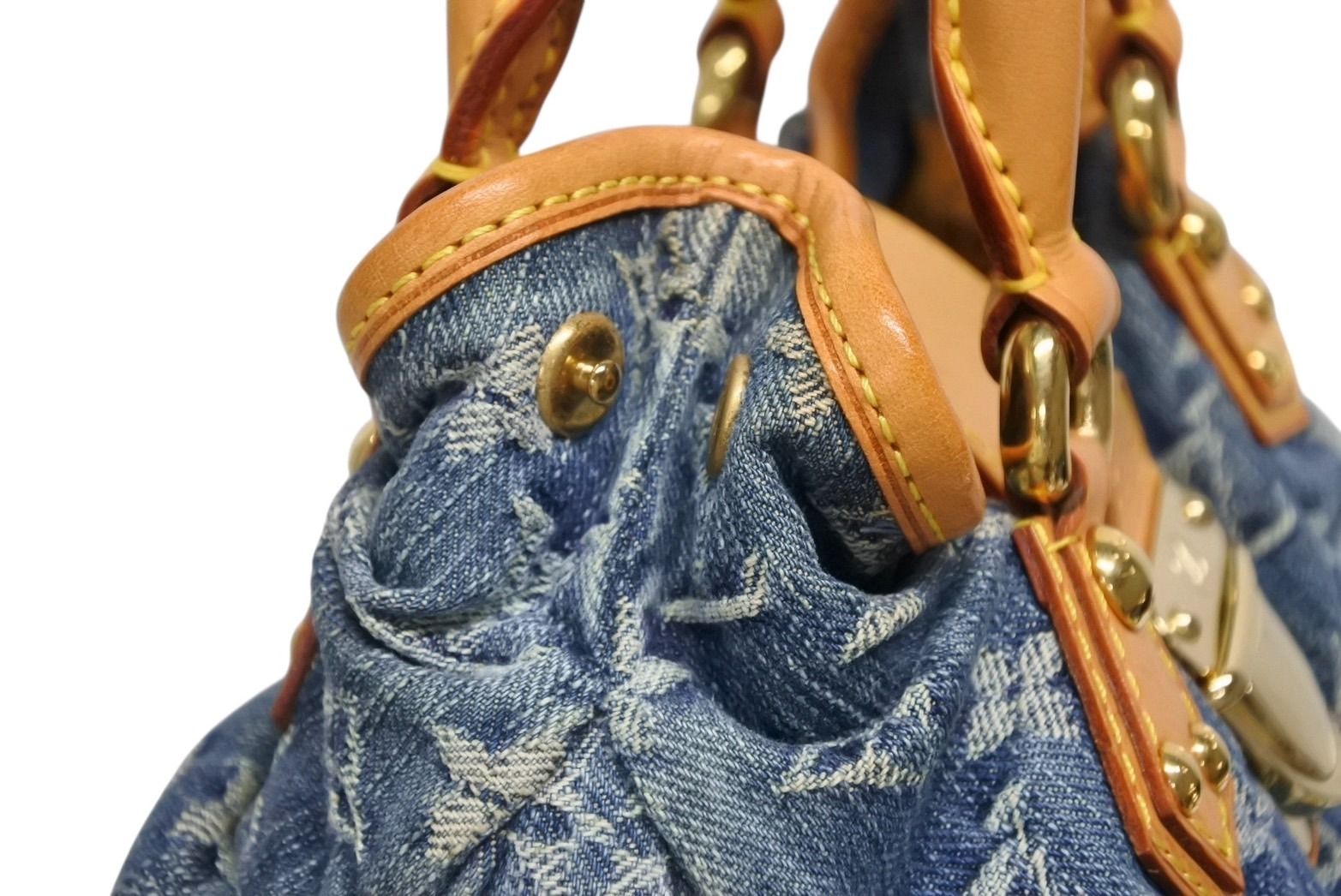Louis Vuitton Pleaty Handbag Monogram Denim Leather Blue Gold — view 6