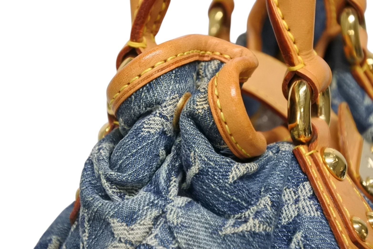 Louis Vuitton Pleaty Handbag Monogram Denim Leather Blue Gold — view 5