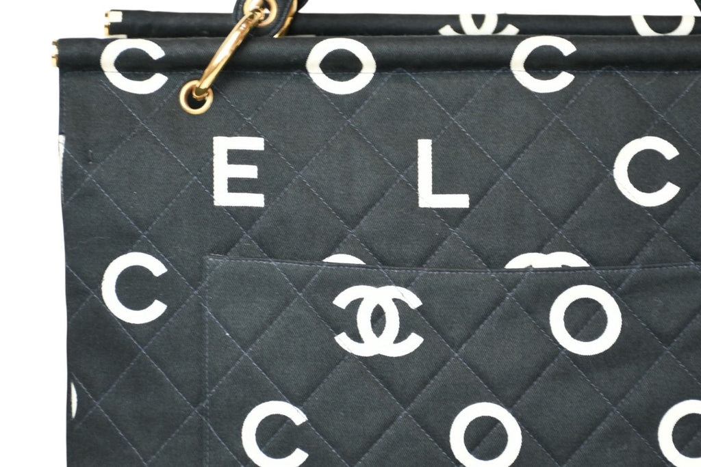 Chanel Handbag Quilted Black White Cotton Canvas Gold — view 5