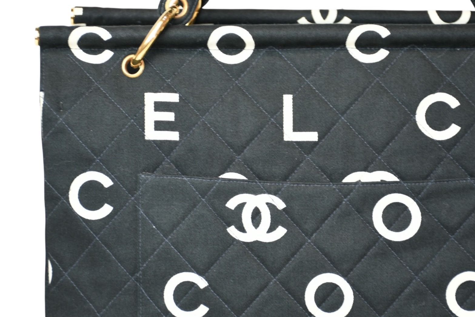 Chanel Handbag Quilted Black White Cotton Canvas Gold — view 5