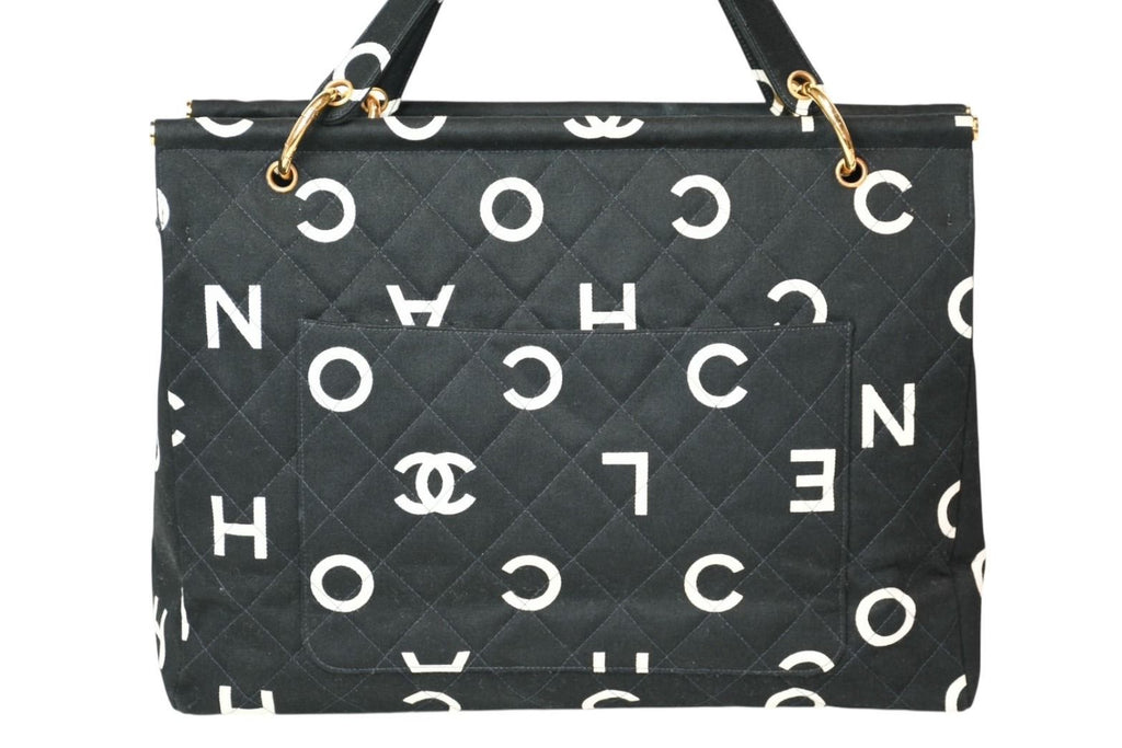 Chanel Handbag Quilted Black White Cotton Canvas Gold — view 2