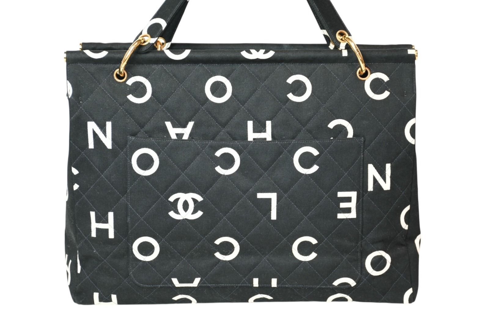 Chanel Handbag Quilted Black White Cotton Canvas Gold — view 2