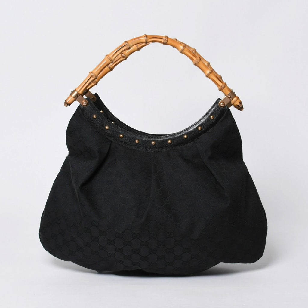 Gucci Bamboo Hand Bag Leather GG Canvas Black Brown