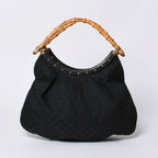 Gucci Bamboo Hand Bag Leather GG Canvas Black Brown