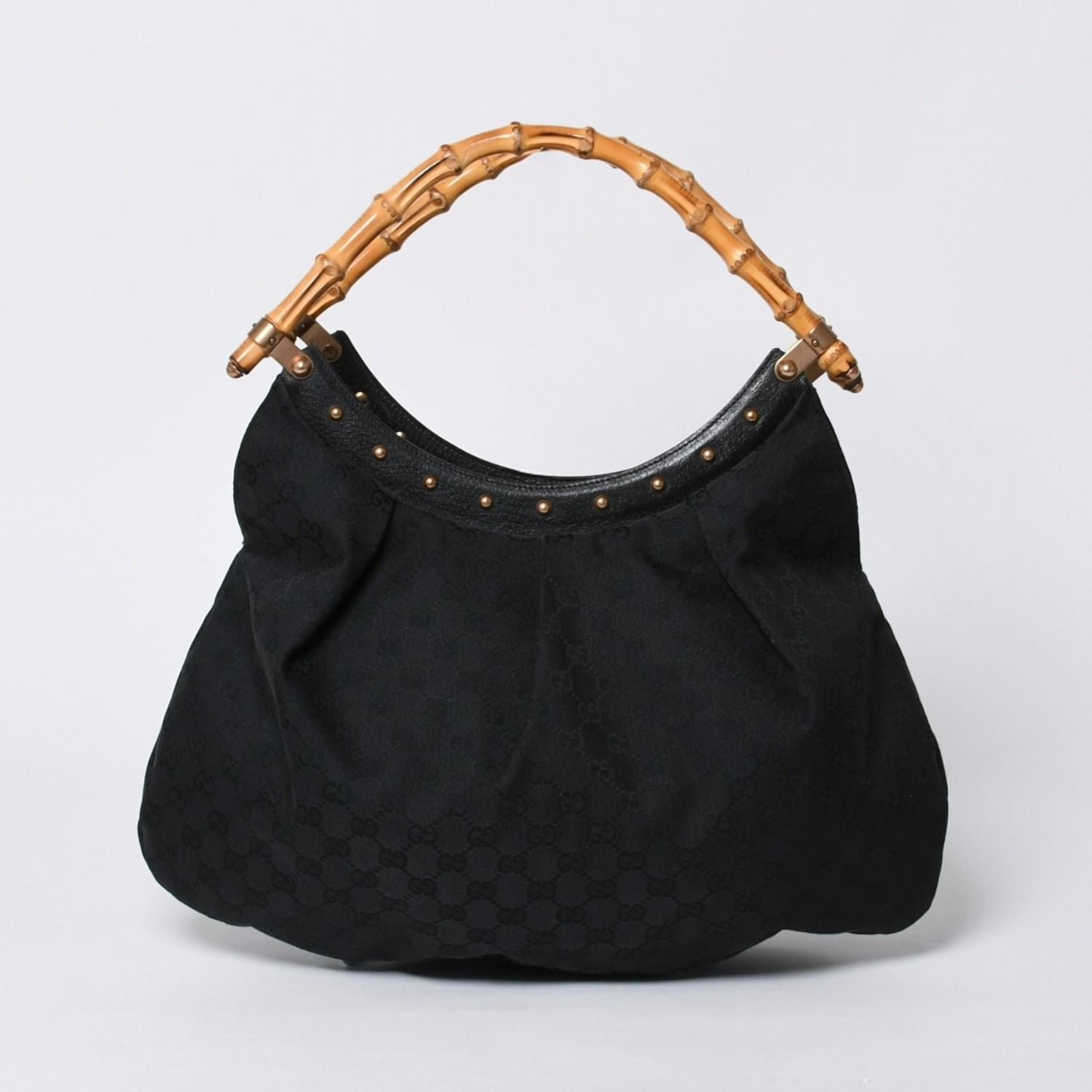 Gucci Bamboo Hand Bag Leather GG Canvas Black Brown