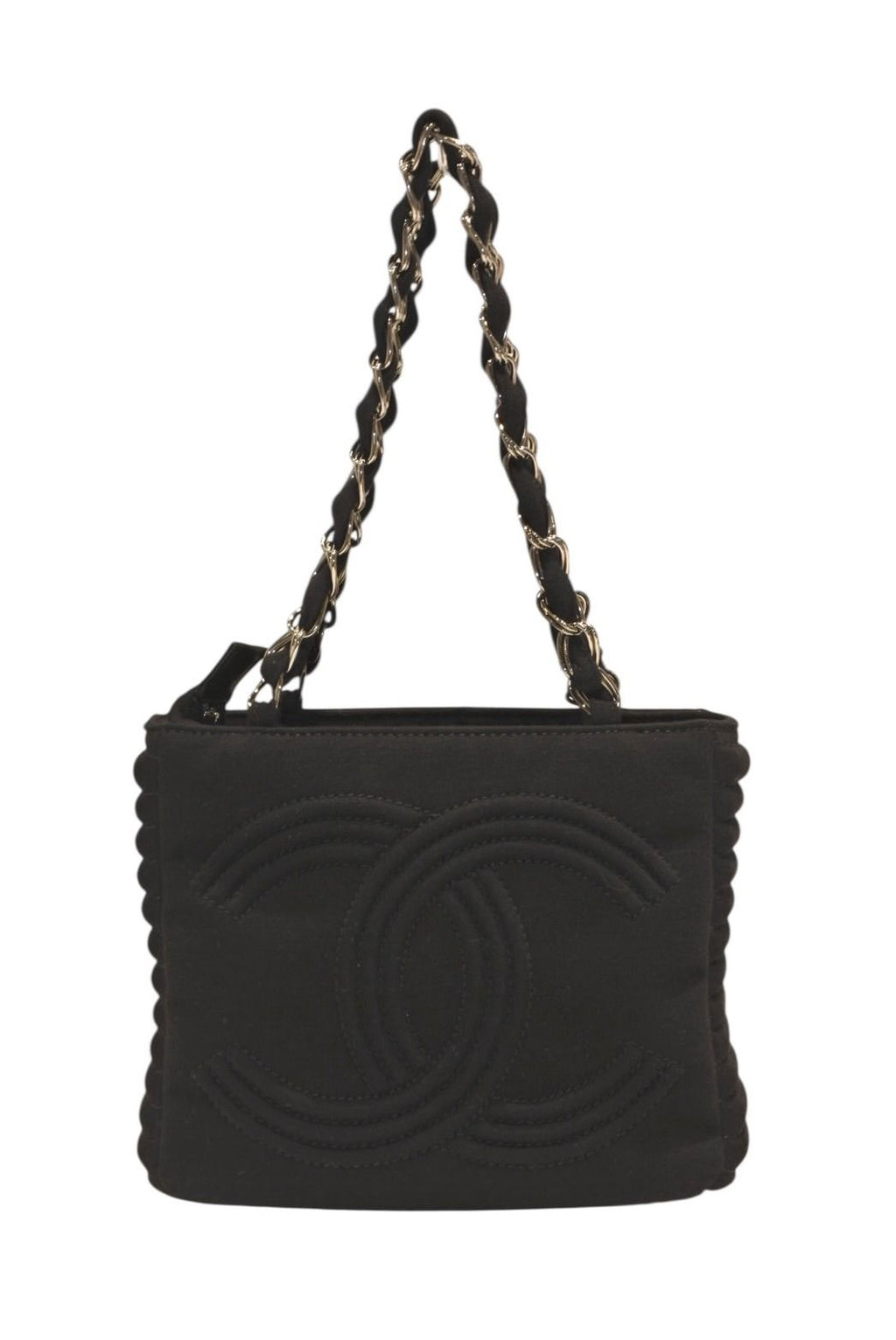 Chanel Chain Handbag CC Logo Quilted Black Cotton Jersey Silver