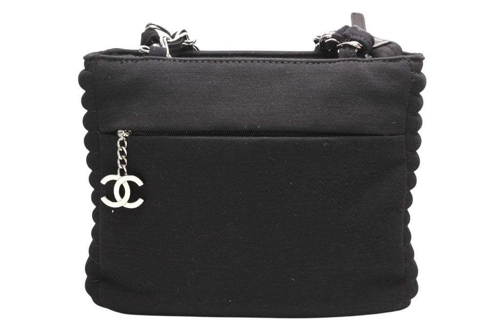 Chanel Chain Handbag CC Logo Quilted Black Cotton Jersey Silver — view 3