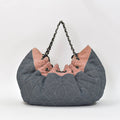Chanel Coco Cabas GM Chain Tote Bag CC Logo Denim Canvas Stripe Silver
