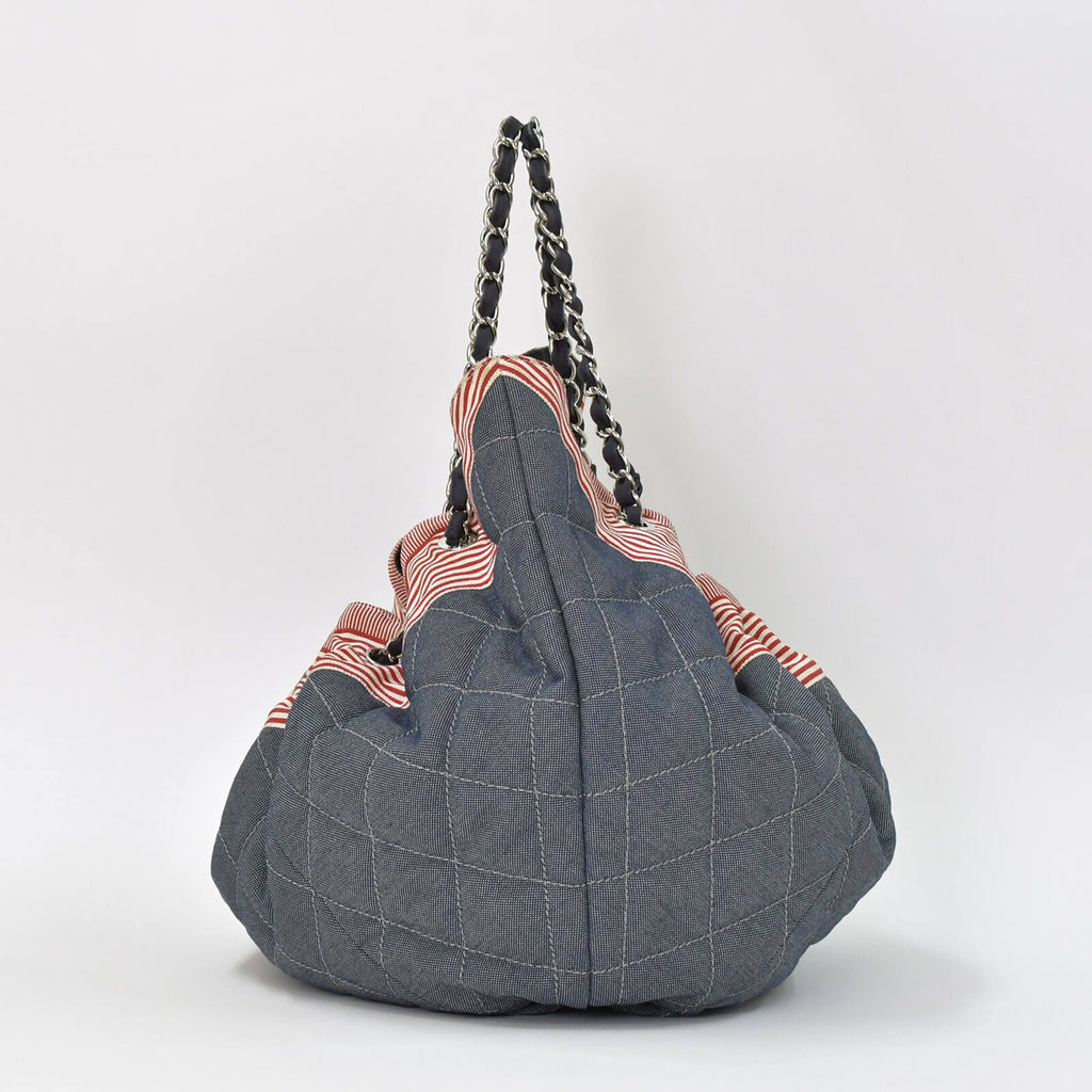 Chanel Coco Cabas GM Chain Tote Bag CC Logo Denim Canvas Stripe Silver — view 4