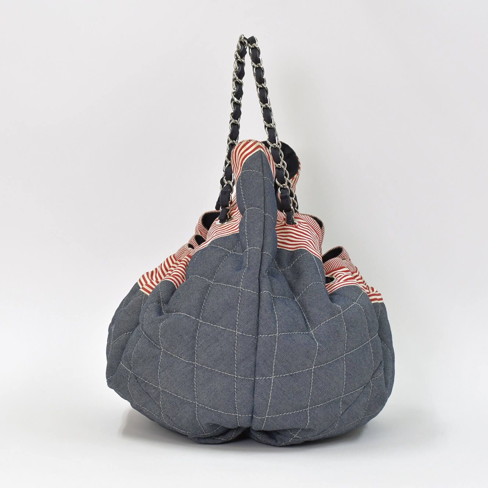 Chanel Coco Cabas GM Chain Tote Bag CC Logo Denim Canvas Stripe Silver — view 2