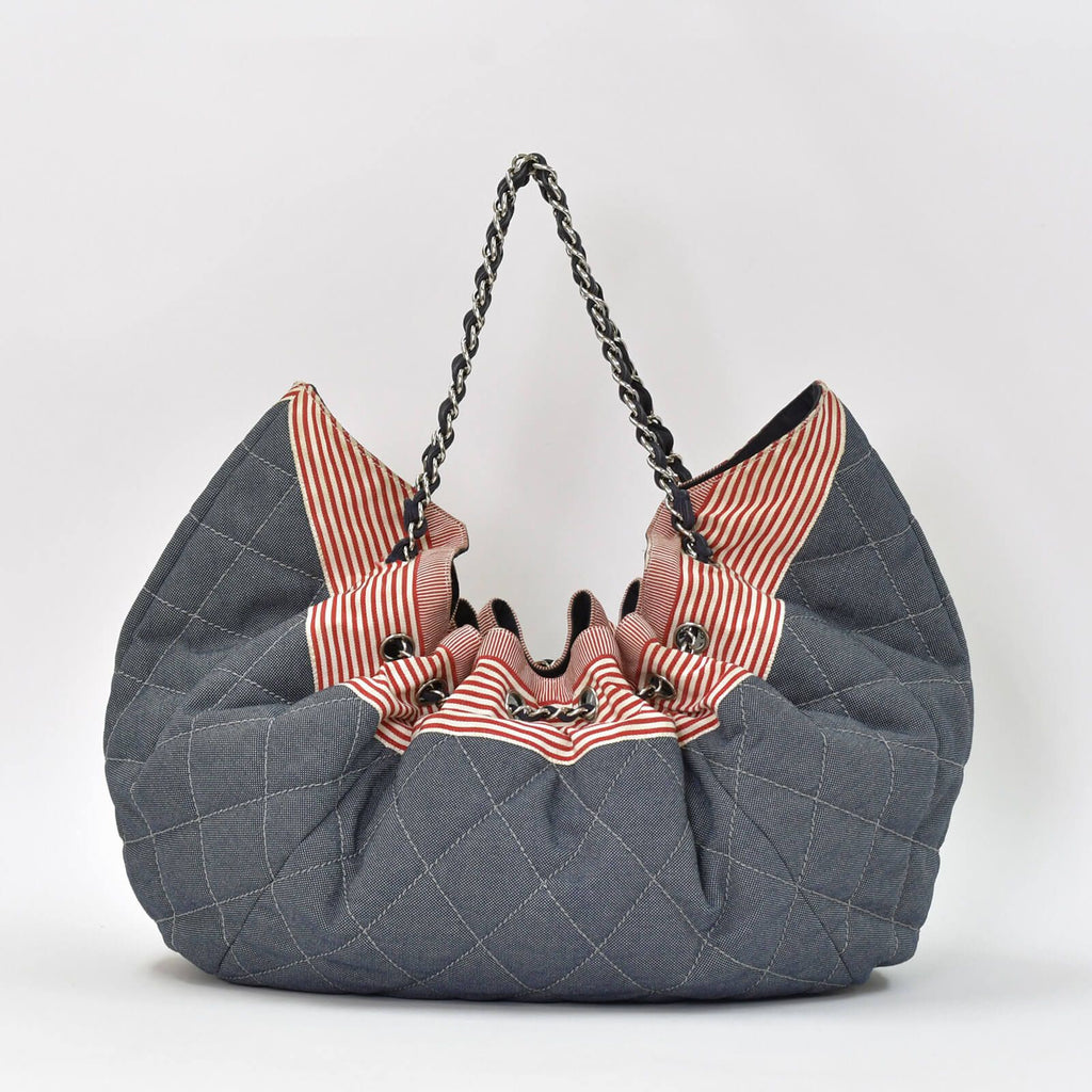Chanel Coco Cabas GM Chain Tote Bag CC Logo Denim Canvas Stripe Silver — view 3