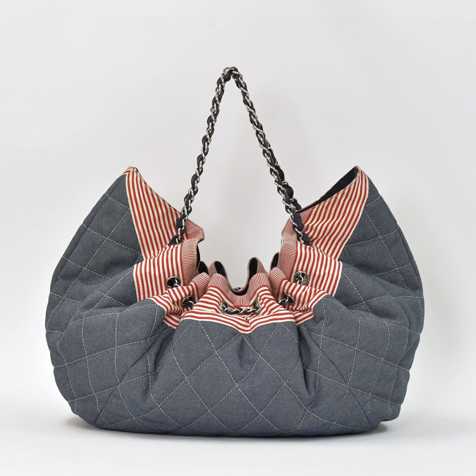 Chanel Coco Cabas GM Chain Tote Bag CC Logo Denim Canvas Stripe Silver — view 3