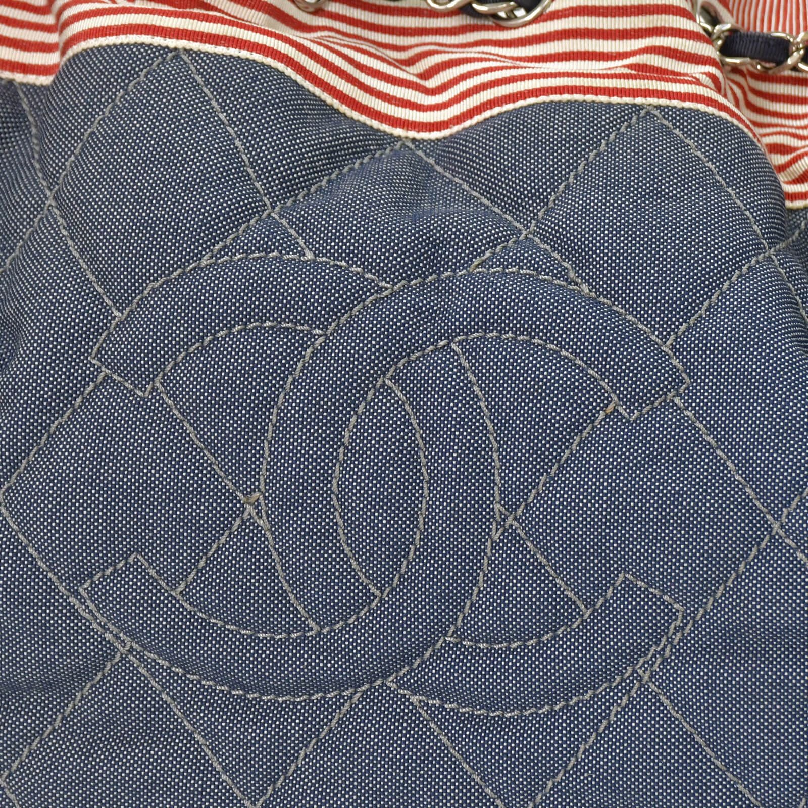 Chanel Coco Cabas GM Chain Tote Bag CC Logo Denim Canvas Stripe Silver — view 5