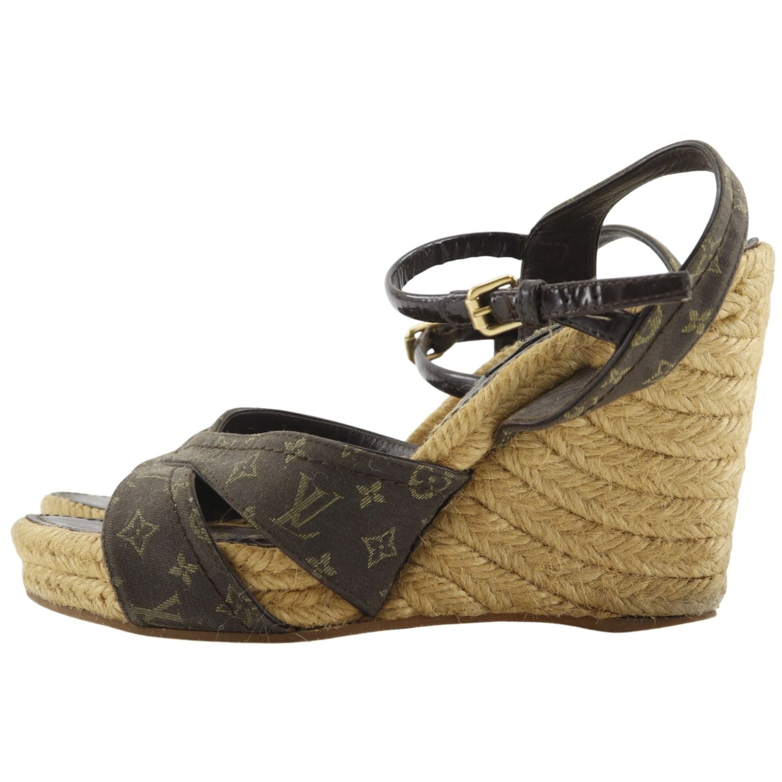 Louis Vuitton Monogram Wedge Sole Cotton Brown Sandals — view 2