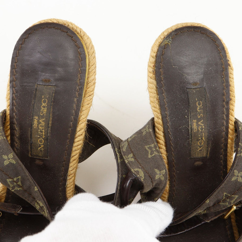 Louis Vuitton Monogram Wedge Sole Cotton Brown Sandals — view 6