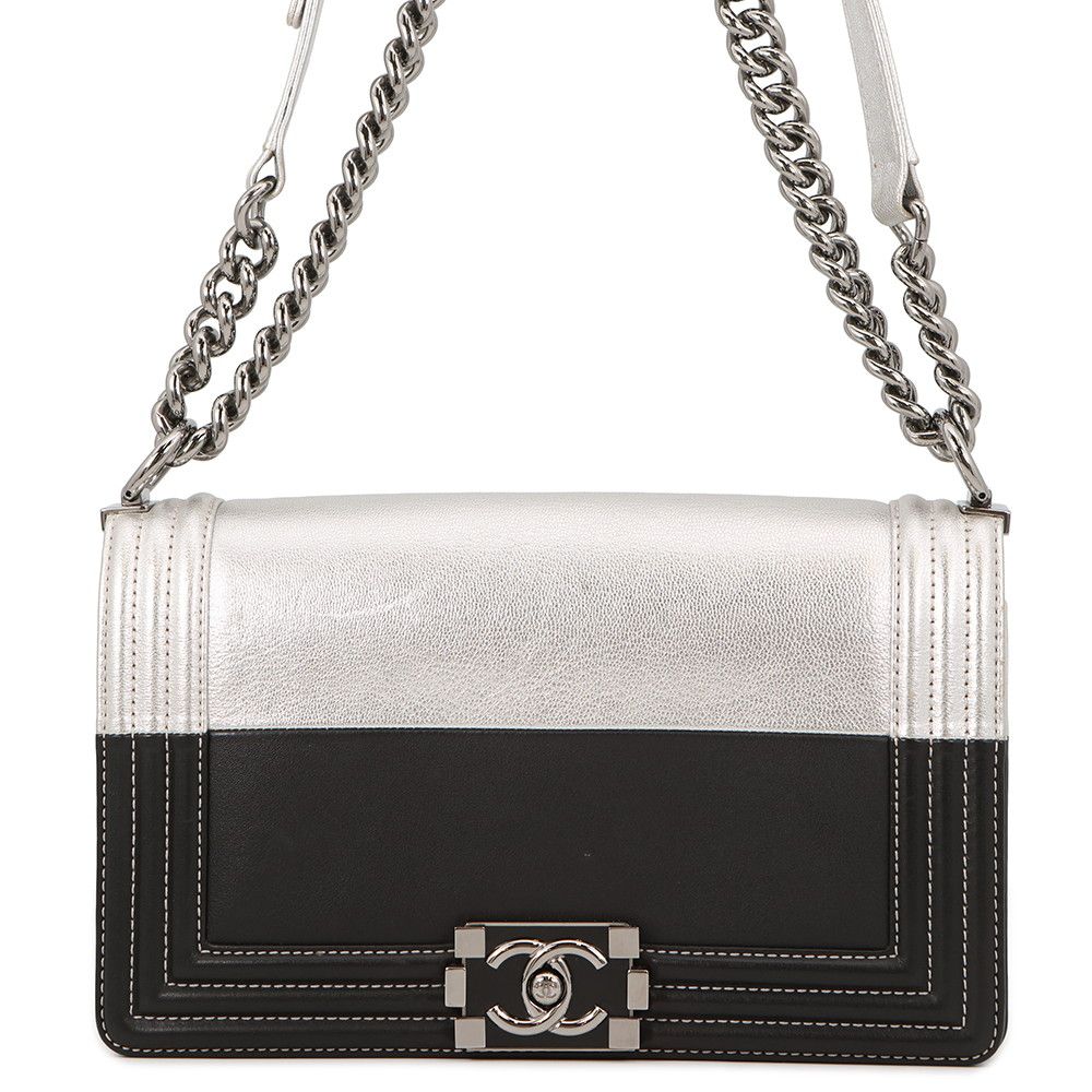 Chanel Chain Shoulder Bag Boy 25 CC Logo Bicolor Leather Black