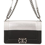 Chanel Chain Shoulder Bag Boy 25 CC Logo Bicolor Leather Black