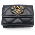 Chanel 19 Trifold Wallet Compact Coin Case Black Red Lambskin Gold