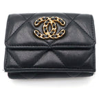 Chanel 19 Trifold Wallet Compact Coin Case Black Red Lambskin Gold