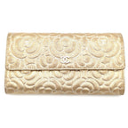Chanel Camellia Flap Wallet Card Case Gold Leather Silver