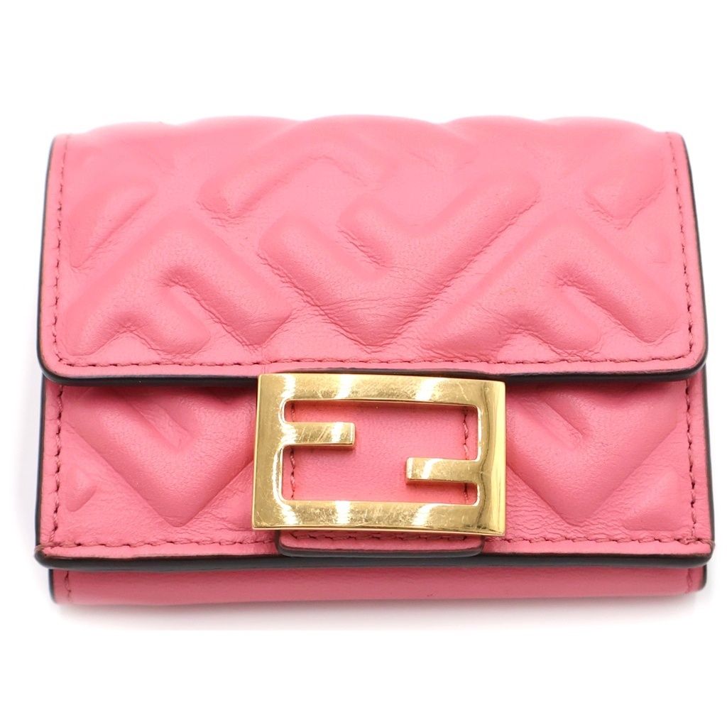 Fendi Zucca Pattern Trifold Wallet Compact Coin Case Pink Leather Gold