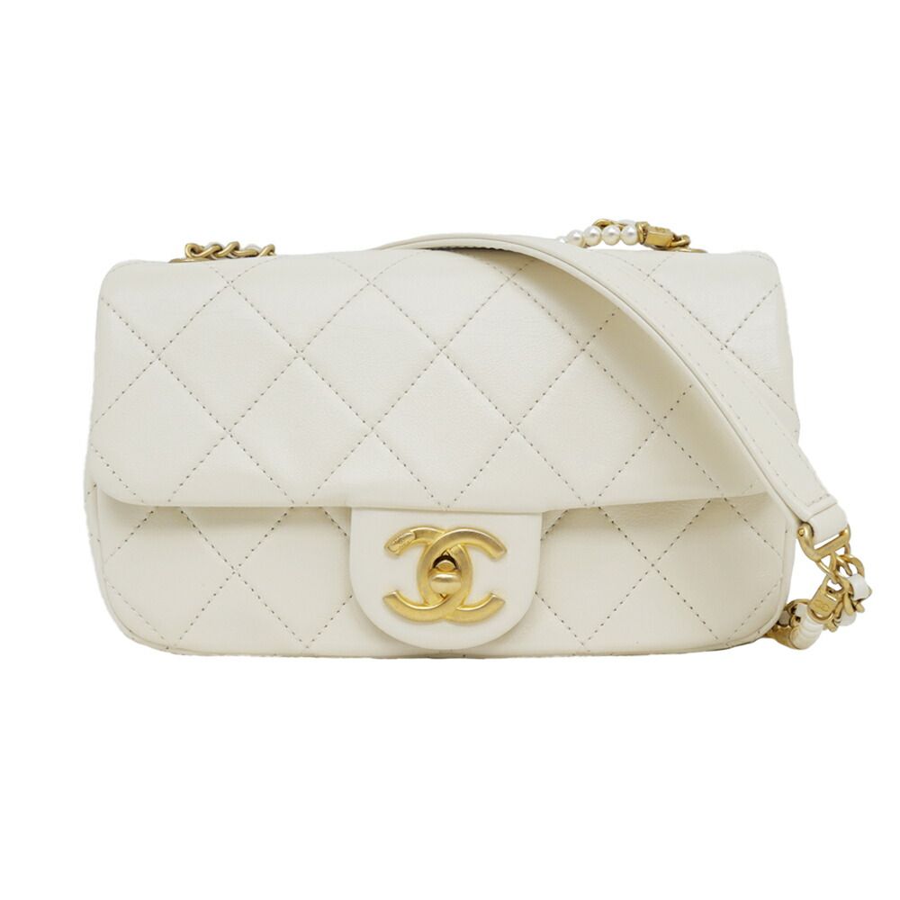 Chanel Chain Shoulder Bag White Pearl Gold