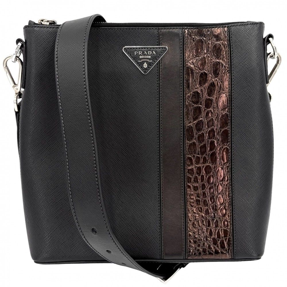 Prada Shoulder Bag Triangle Logo Crossbody Leather Black Silver