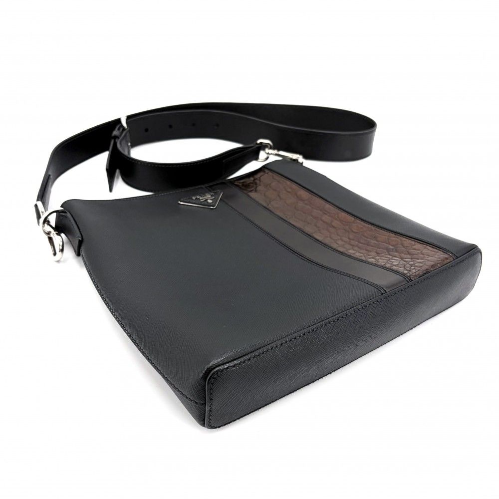 Prada Shoulder Bag Triangle Logo Crossbody Leather Black Silver — view 3