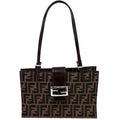 Fendi Tote Zucca Shoulder Bag Canvas Leather Brown Silver