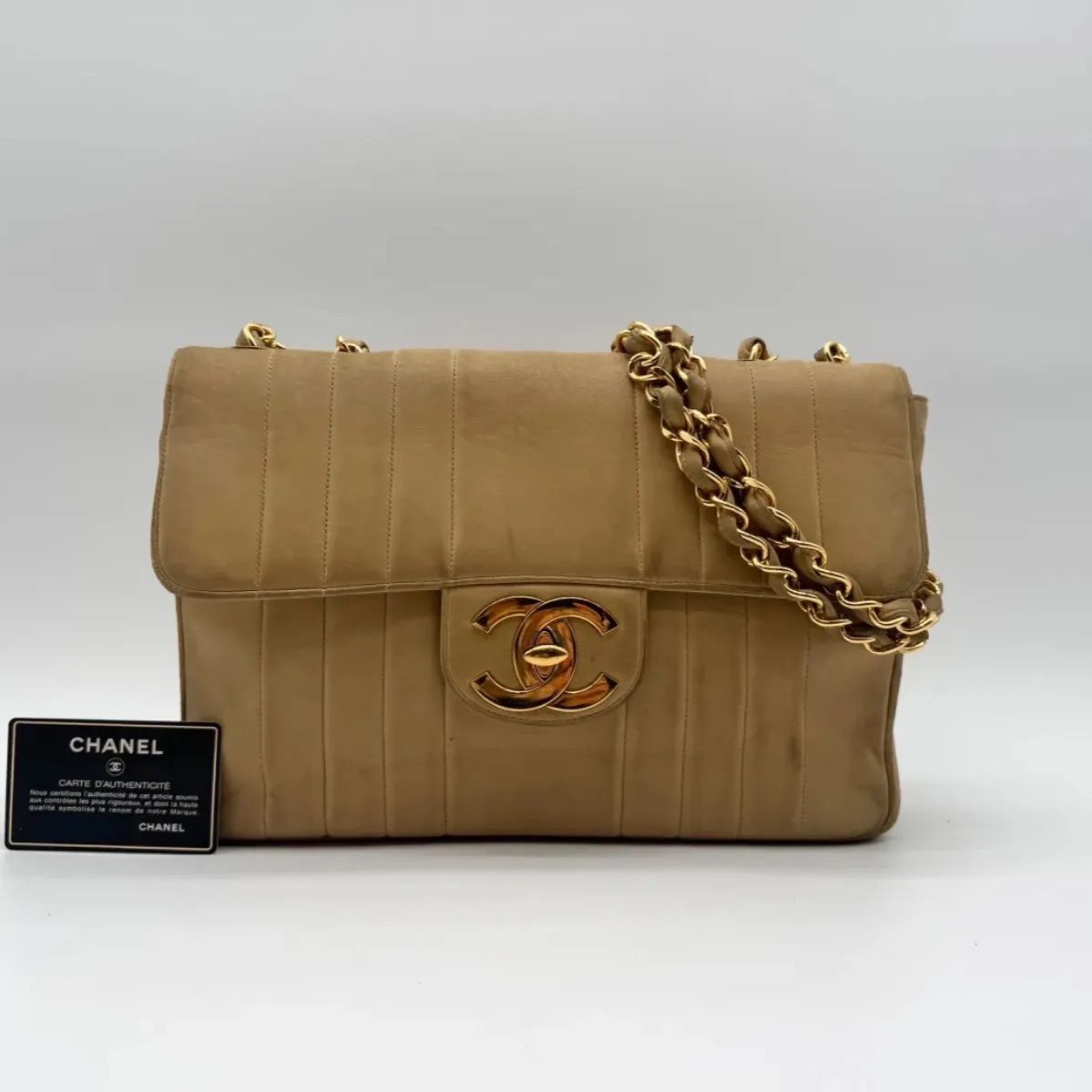 Chanel Shoulder Bag Mademoiselle CC Logo Leather Beige Lambskin Chain