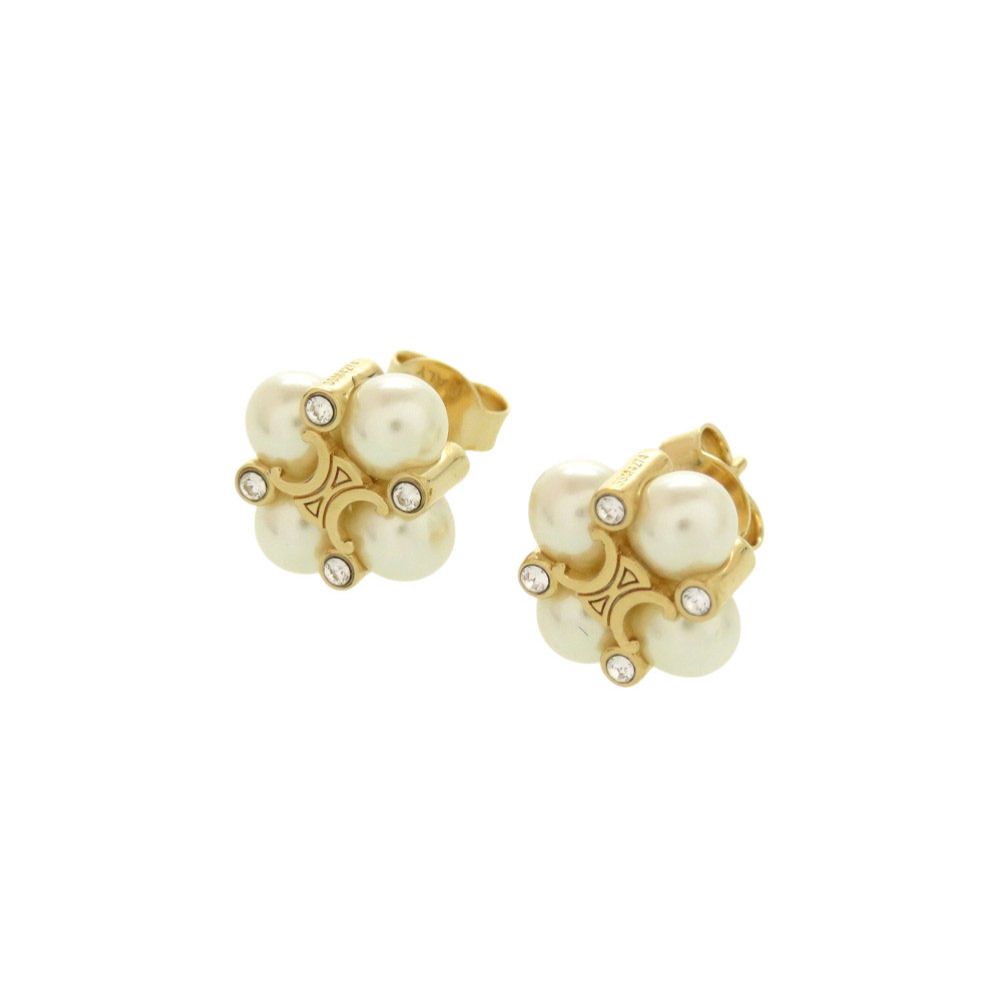 Celine Triomphe Faux Pearl Stone Gold Earrings