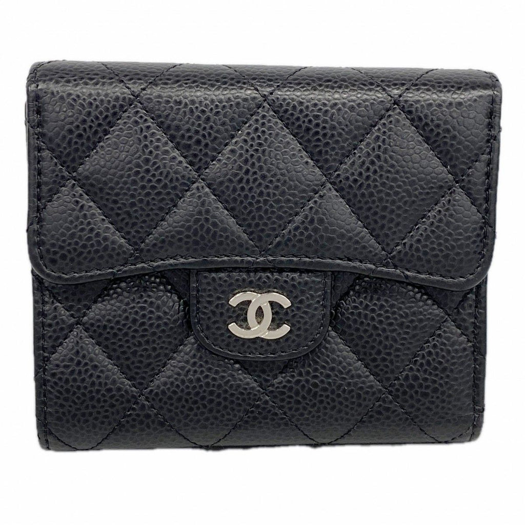 Chanel Trifold Wallet Quilted Caviar Leather Black Gold