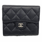Chanel Trifold Wallet Quilted Caviar Leather Black Gold