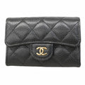Chanel Card Case Quilted Caviar Leather Black Gold