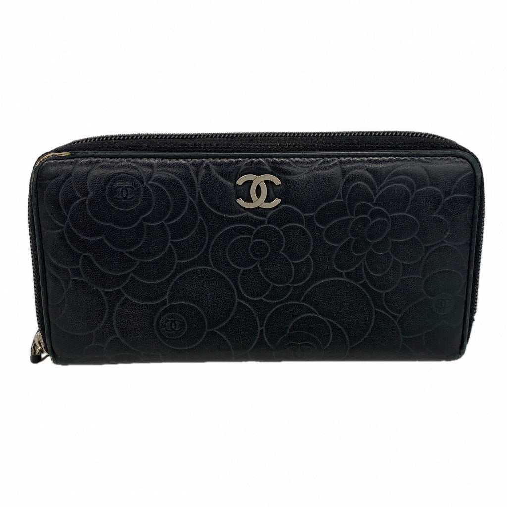 Chanel Wallet Camellia Lambskin Black Silver