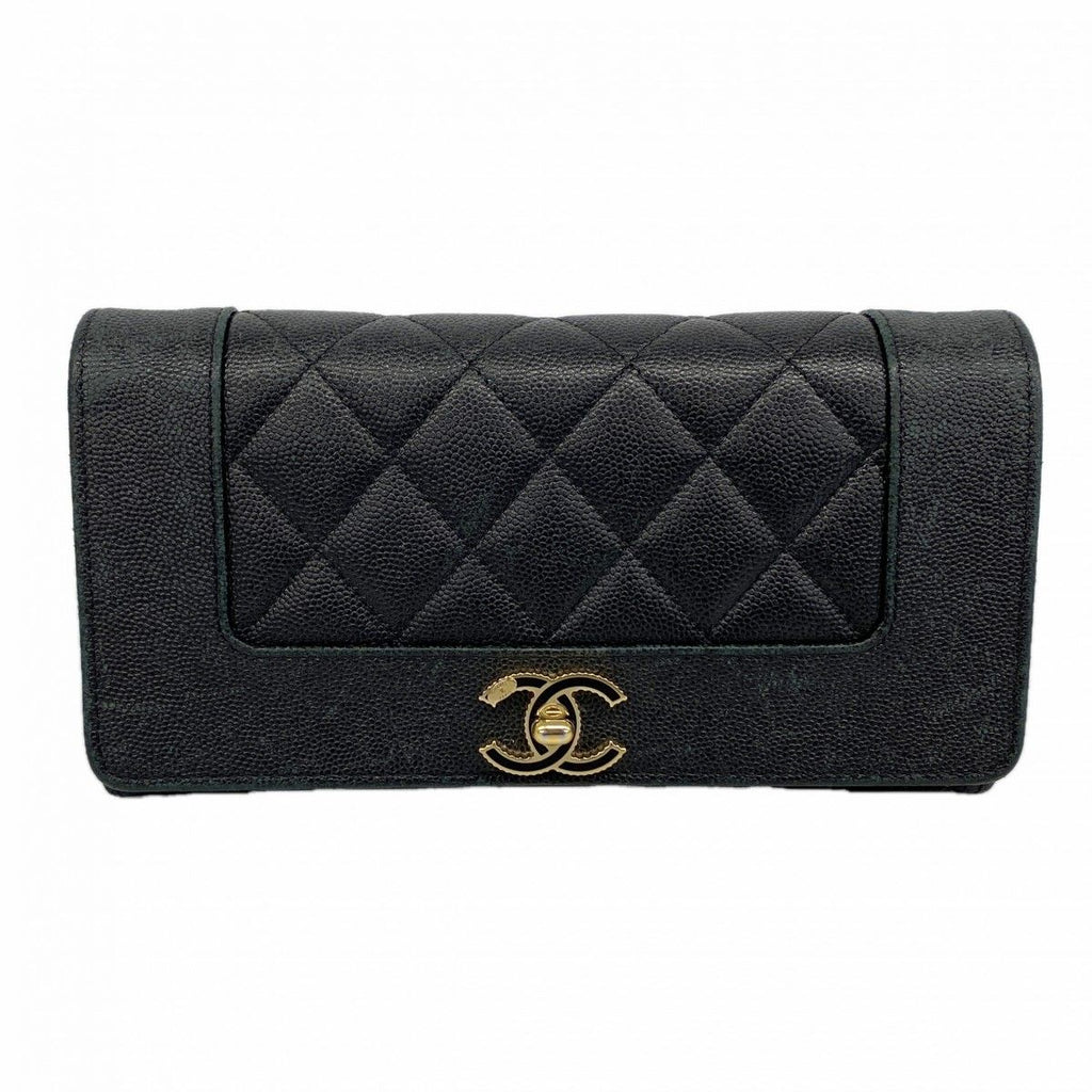 Chanel Wallet Mademoiselle Caviar Leather Black Champagne Gold