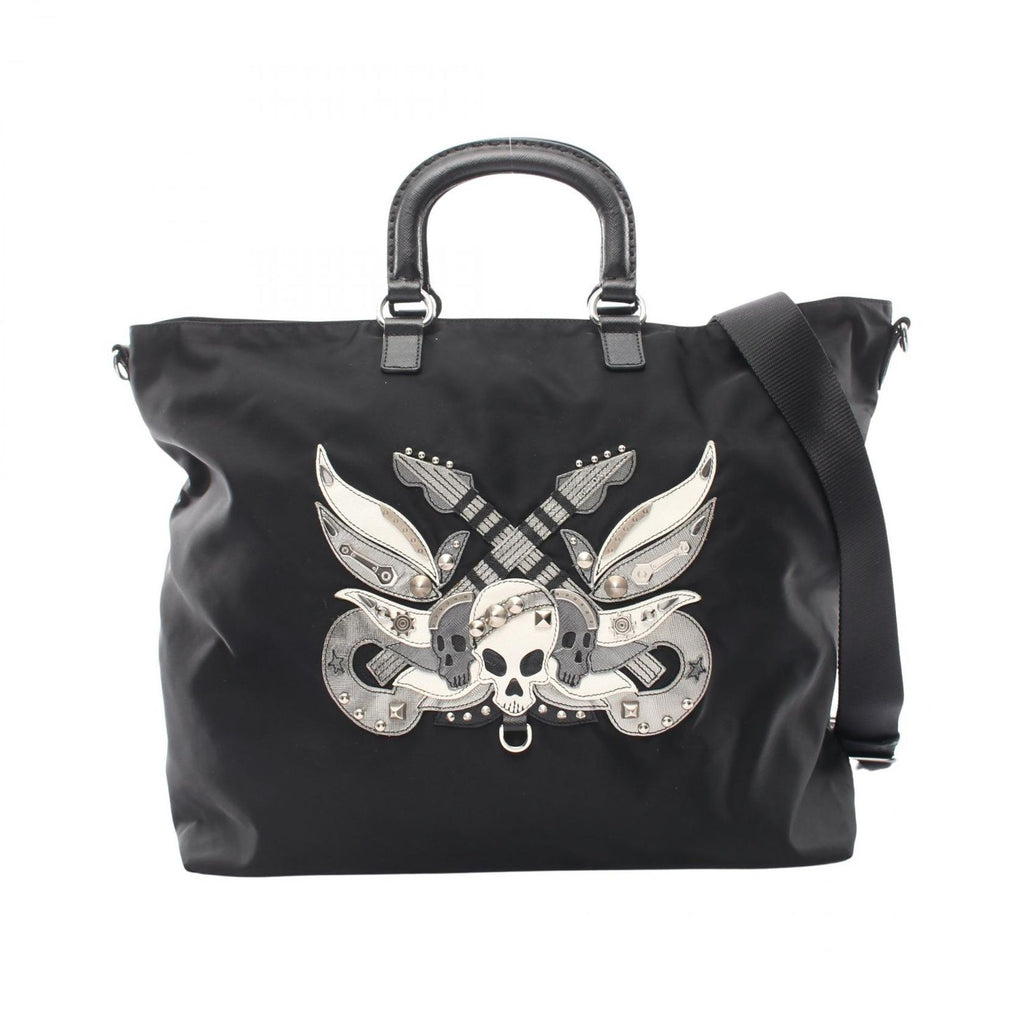 Prada Tote Skull Studs 2-Way Black Nylon Saffiano Leather Shoulder