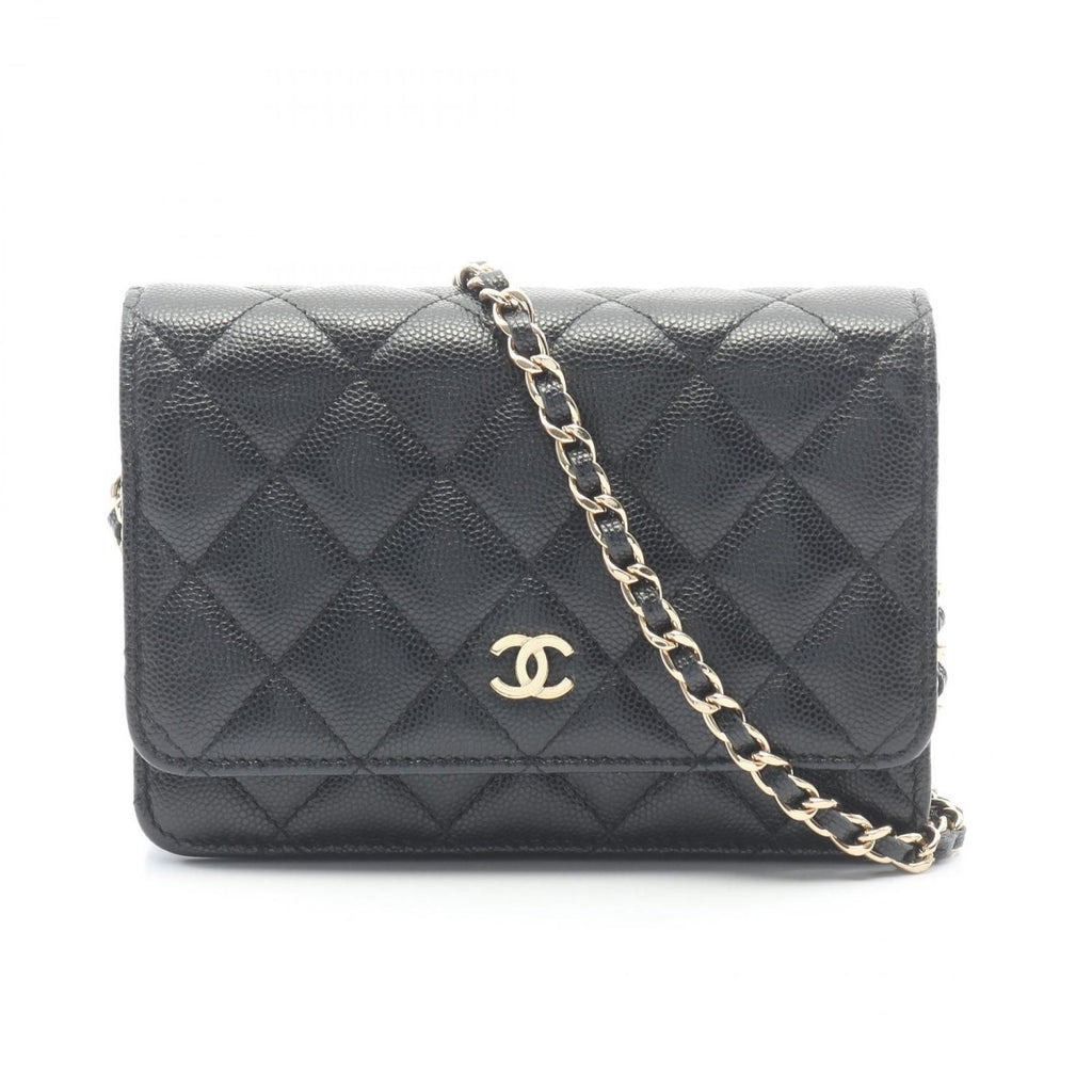 Chanel Shoulder Bag Quilted Mini Black Caviar Leather Chain Wallet